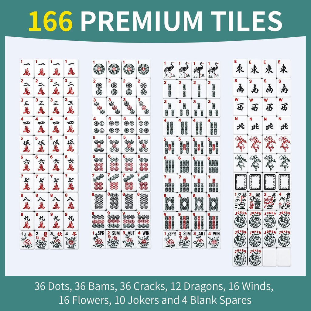 Juego de mahjong americano prémium con bolsa de transporte duradera verde, 166 azulejos blancos, incluye fichas y dados, juego de azulejos Mahjong portátil de viaje completo