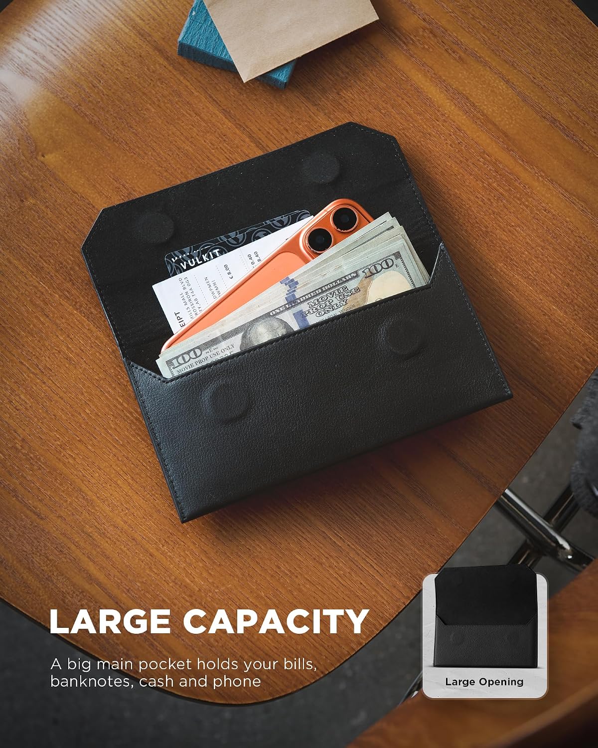 VULKIT Cartera de cuero genuino con sobres para dinero en efectivo, cierre magnético