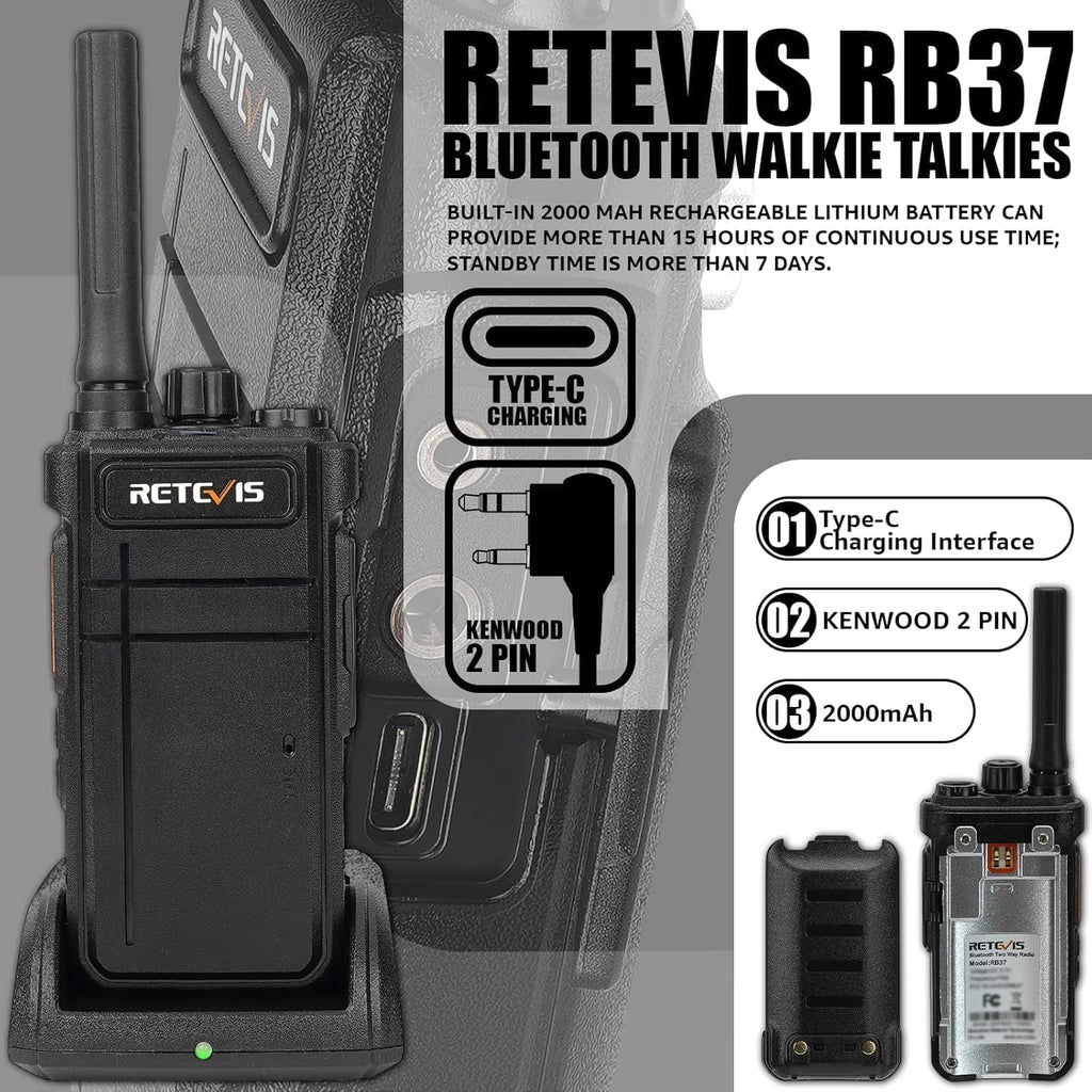 Retevis RB37 - Walkie Talkies Bluetooth para adultos, radio bidireccional con auricular, VOX, 2000 mAh, tipo C, Walkie Talkies inalámbricos (paquete de 1)