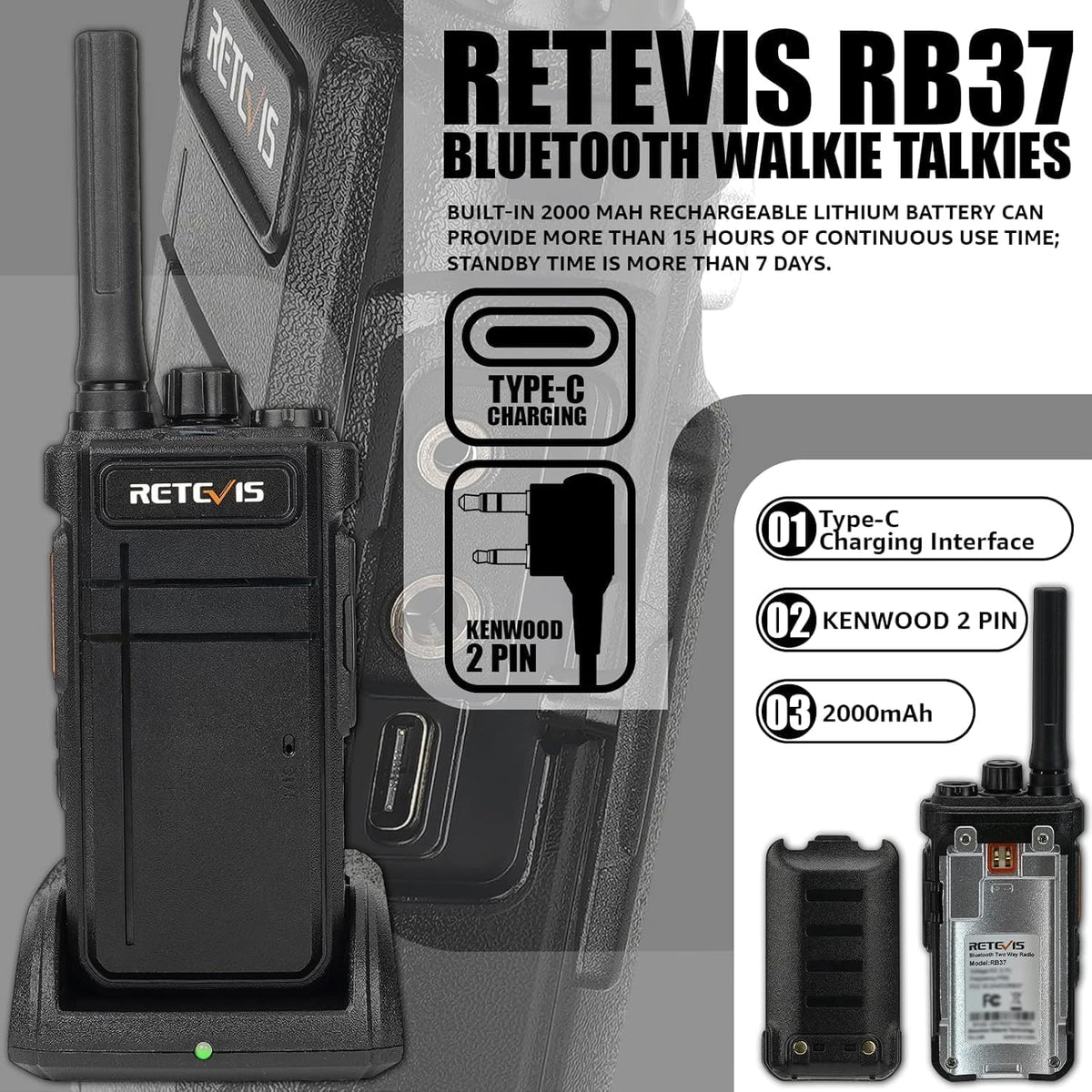 Retevis RB37 - Walkie Talkies Bluetooth para adultos, radio bidireccional con auricular, VOX, 2000 mAh, tipo C, Walkie Talkies inalámbricos (paquete de 1)