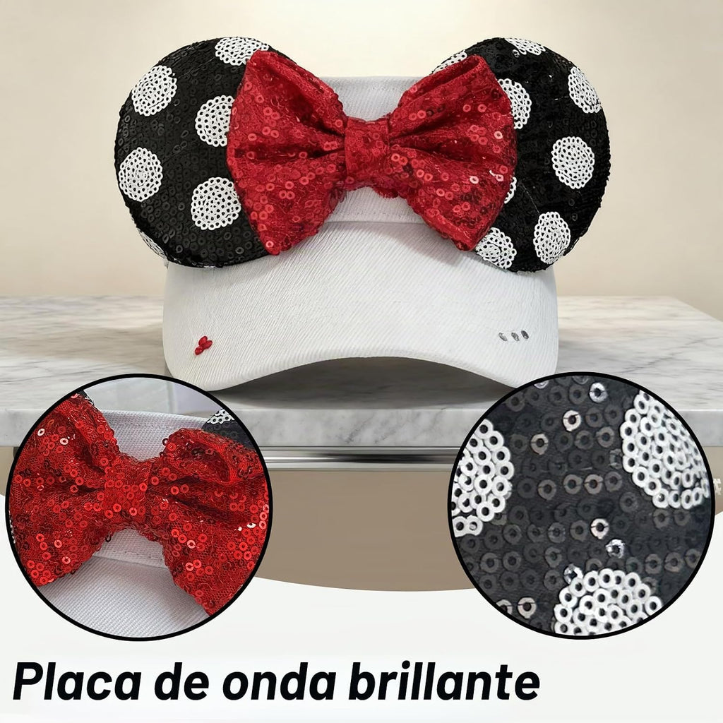 Sombrero brillante con visera de orejas de ratón para mujeres adultas, gorra ajustable con lazo de orejas de ratón de lentejuelas, lindo sombrero de visera con purpurina para parques temáticos y festivales, color blanco