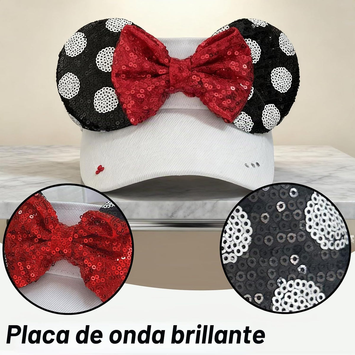 Sombrero brillante con visera de orejas de ratón para mujeres adultas, gorra ajustable con lazo de orejas de ratón de lentejuelas, lindo sombrero de visera con purpurina para parques temáticos y festivales, color blanco