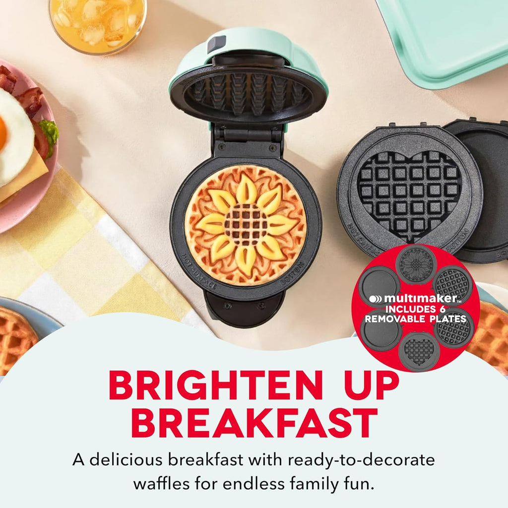Dash MultiMaker Mini Maker - Máquina compacta para hacer gofres para desayunos familiares - Placas de plancha extraíbles y superficie antiadherente - 6 platos y estuche de almacenamiento - Aqua