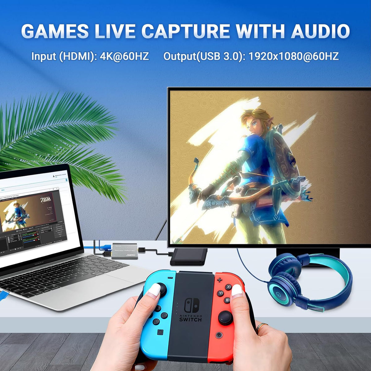 Tarjeta de captura HDMI USB 3.0 con entrada y bucle 4K60, captura de juegos de latencia ultra baja 1080P60 para transmisión, Plug & Play con entrada de micrófono/audio, compatible con PS5/Xbox/Switch/PC/OBS