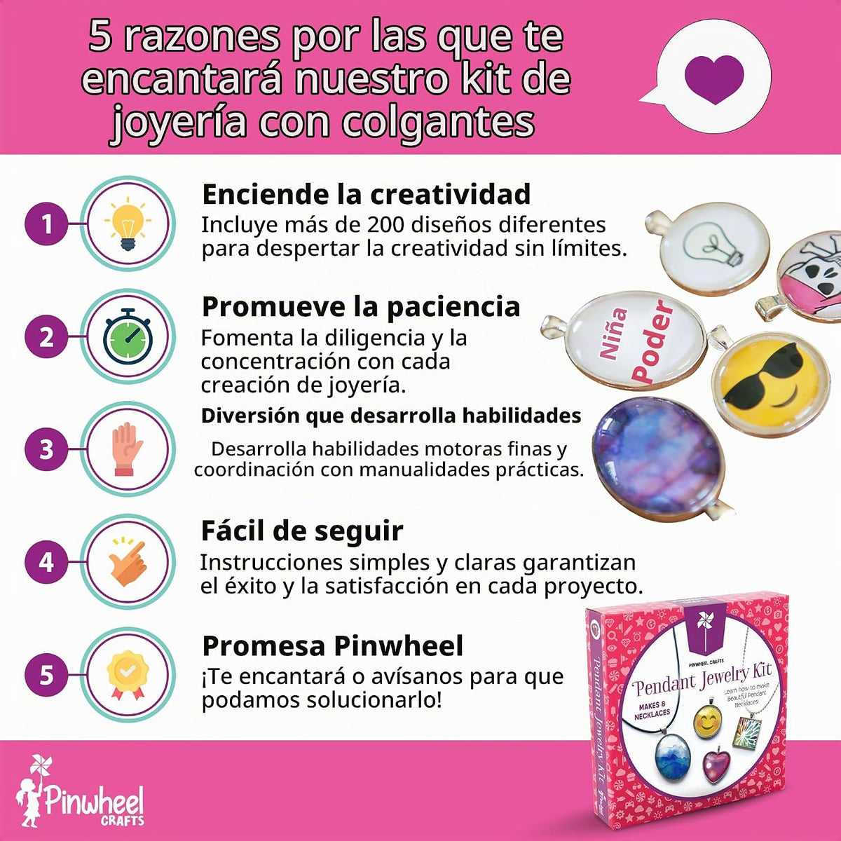 Pinwheel Crafts Kit de fabricación de joyas con dije para niñas de 8 a 12 años o más, kit de fabricación de collares y pulseras para niños, artesanía única para crear múltiples collares y pulseras