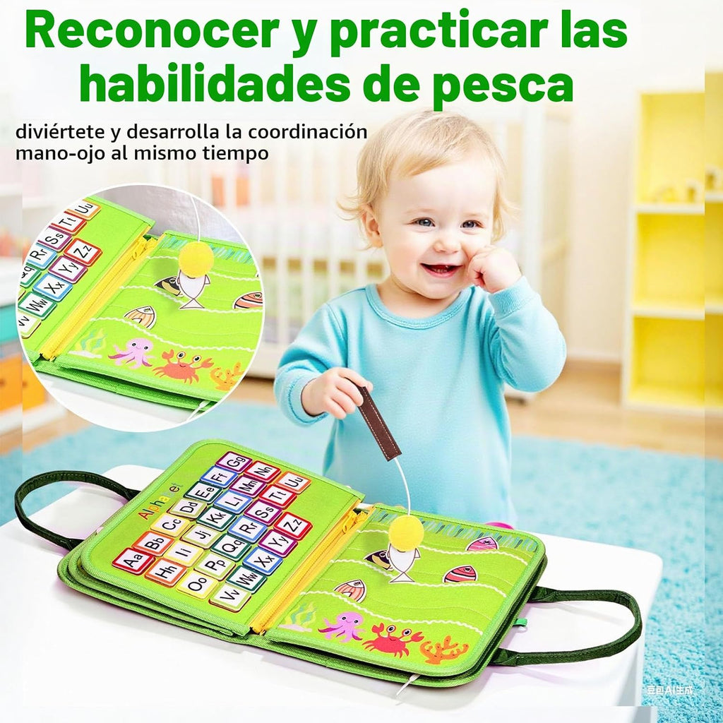 Juguetes Montessori de tablero ocupado, regalos de cumpleaños para niños y niñas, juguete de viaje sensorial para autismo, tablero de libros ocupados para actividades educativas, juguetes de aprendizaje de habilidades motoras finas, color verde