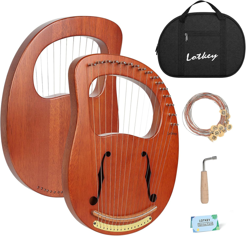 Lotkey Lyre Harp, 16 Cuerdas de Metal, Silla de Hierro, Lejía de Arpa en Nogal con Llave de Afinación, Extracción de Cuerdas, Manual y Bolsa de Gig