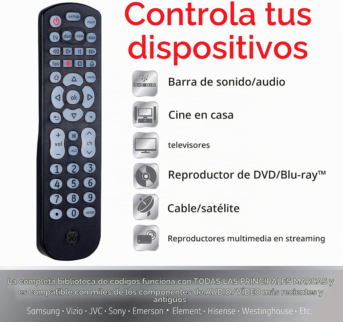 Control remoto universal retroiluminado por GE, funciona para Samsung