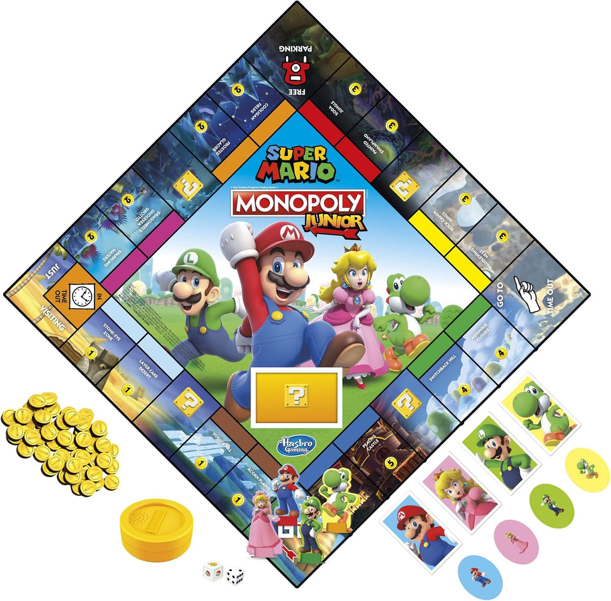 Juego de mesa Monopoly Junior Edición Super Mario, Diversión para niños de 5 años en adelante, Explora el Reino de los Hongos como Mario, Peach, Yoshi o Luigi (Exclusivo de Amazon)