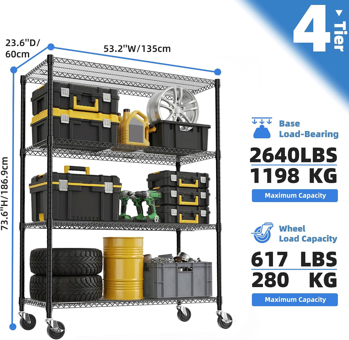 M MZG Estantes de almacenamiento de 4 niveles con carga de 2640 libras, estantes de metal de alambre de metal para almacenamiento, estantes ajustables de garaje para despensa, cocina, garaje, color