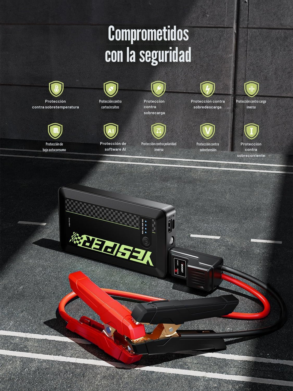 YESPER Arrancador portátil, Arrancador de motocicleta de pico de 1500A, Caja de arranque para arrancador portátil de auto, Paquete de refuerzo automático de 12V (hasta 7L de gas y motor diésel de 5.5L