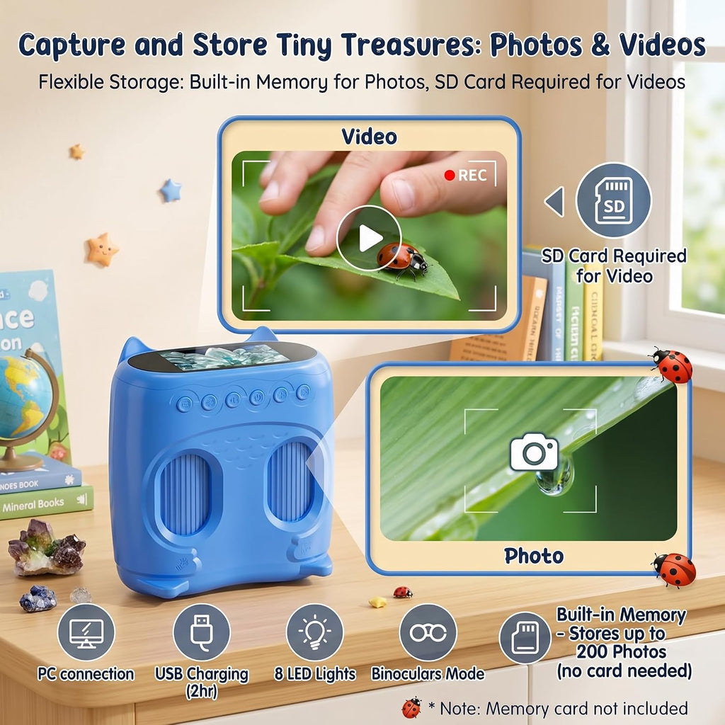 Microscopio y telescopio 2 en 1 para niños, microscopio digital de mano 1000X para niños, pantalla de 2.0 pulgadas, 8 LED, telescopio de bolsillo 10X para exteriores, cámara 1080P, juguetes