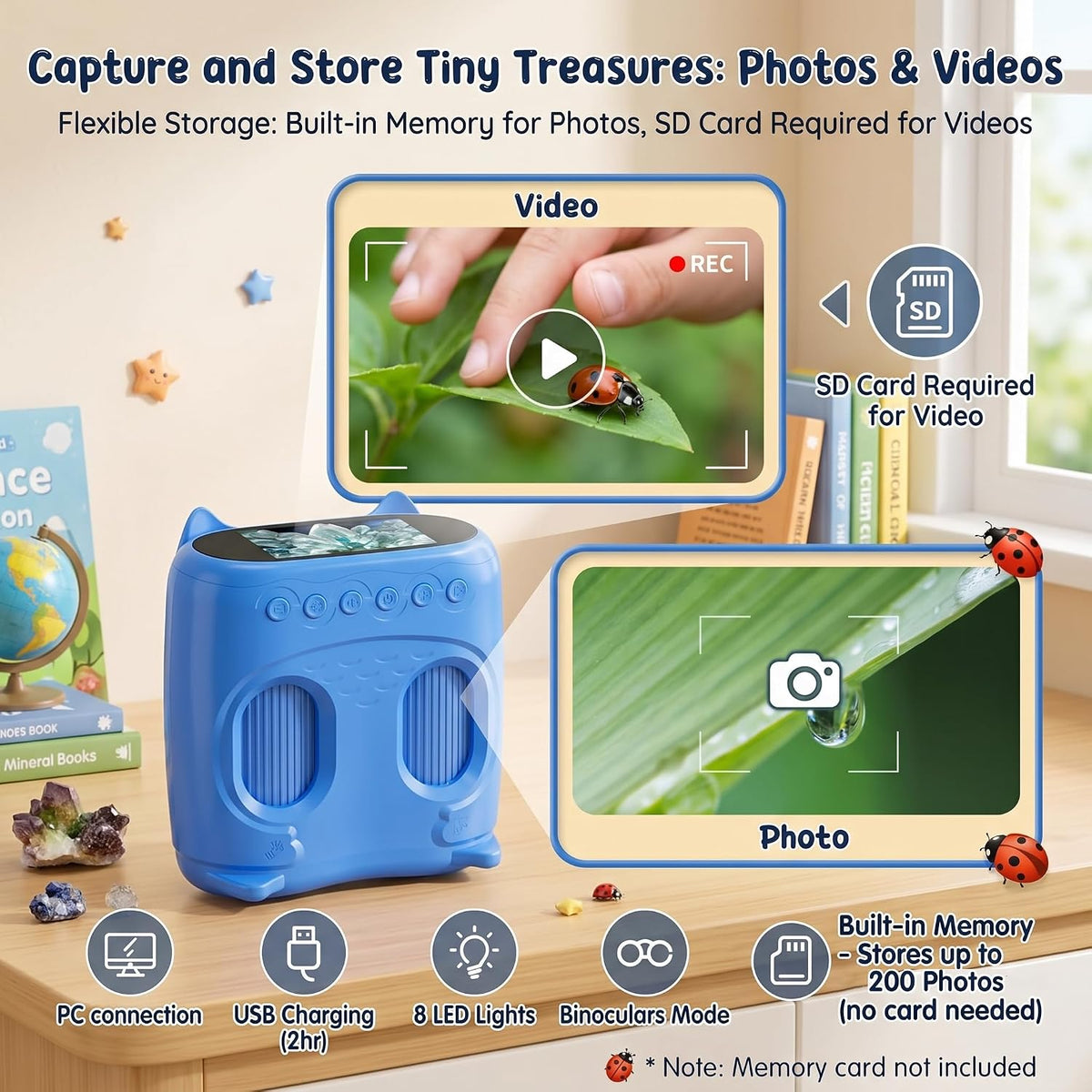 Microscopio y telescopio 2 en 1 para niños, microscopio digital de mano 1000X para niños, pantalla de 2.0 pulgadas, 8 LED, telescopio de bolsillo 10X para exteriores, cámara 1080P, juguetes