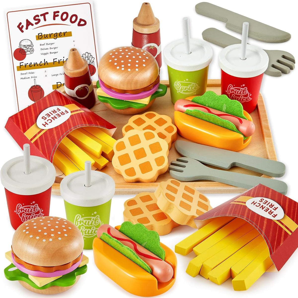 Fast Food Play Food Toys para Kids, Wooden Hamburger Toys para Toddler