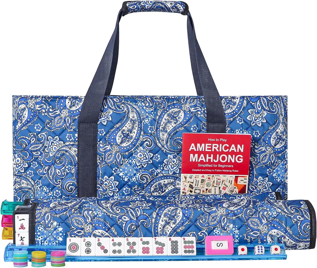 Juego de Mahjong Americano GUSTARIA, 166 Azulejos Blancos de Calidad, 4 Estante/Empujadores de Color Todo en Uno, Juego de Azulejos Mahjong con Bolsa de Transporte Azul Impresa