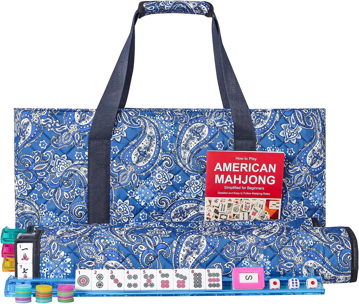 Juego de Mahjong Americano GUSTARIA, 166 Azulejos Blancos de Calidad, 4 Estante/Empujadores de Color Todo en Uno, Juego de Azulejos Mahjong con Bolsa de Transporte Azul Impresa