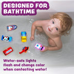 Tub Works® Emergency™ Cars - Juguetes de baño iluminados, paquete de 12 | Juguetes iluminados activados por agua que parpadean y cambian de color | Juguetes de baño para bebés y niños pequeños de fácil agarre | Juguetes sensoriales con luces de baño para