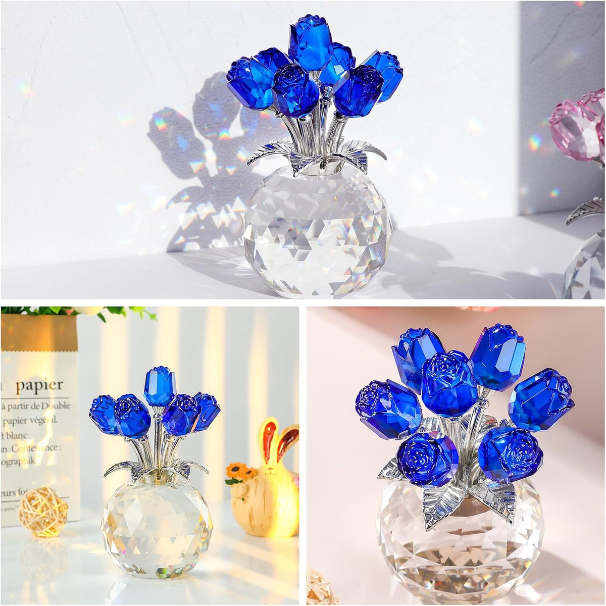 Figura de rosa azul cristal, figura de flor de cristal