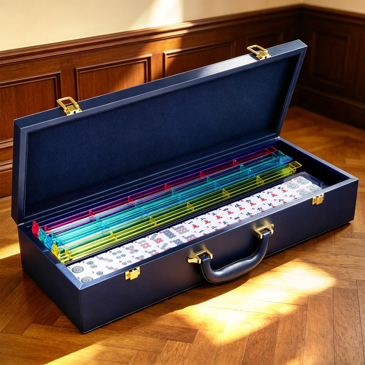 American Mahjong - Juego de maletas de cuero sintético portátil azul, 166 azulejos blancos, 4 bastidores Mahjong todo en uno con empujadores, incluye fichas y dados, juego de azulejos Travel