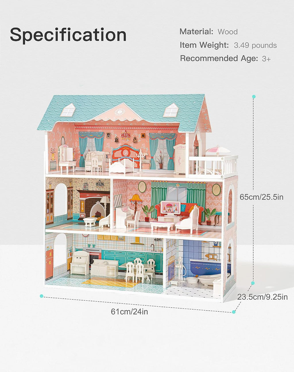 Lámpara ROBOTIME Casa de muñecas de madera para niños de 3, 4, 5, 6 años, casa de muñecas con 28 muebles de plástico, para muñecas de 3.3 pulgadas, regalos de cumpleaños para niños pequeños de 3 años en