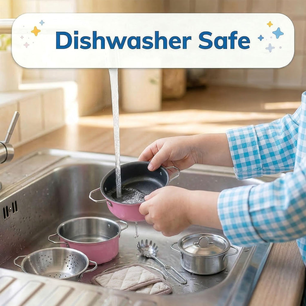 Juego de cocina de acero inoxidable para niños, 11 piezas, ollas y sartenes, juego de utensilios de cocina de juguete con utensilios y soporte para ollas, accesorios de cocina de metal para niños y