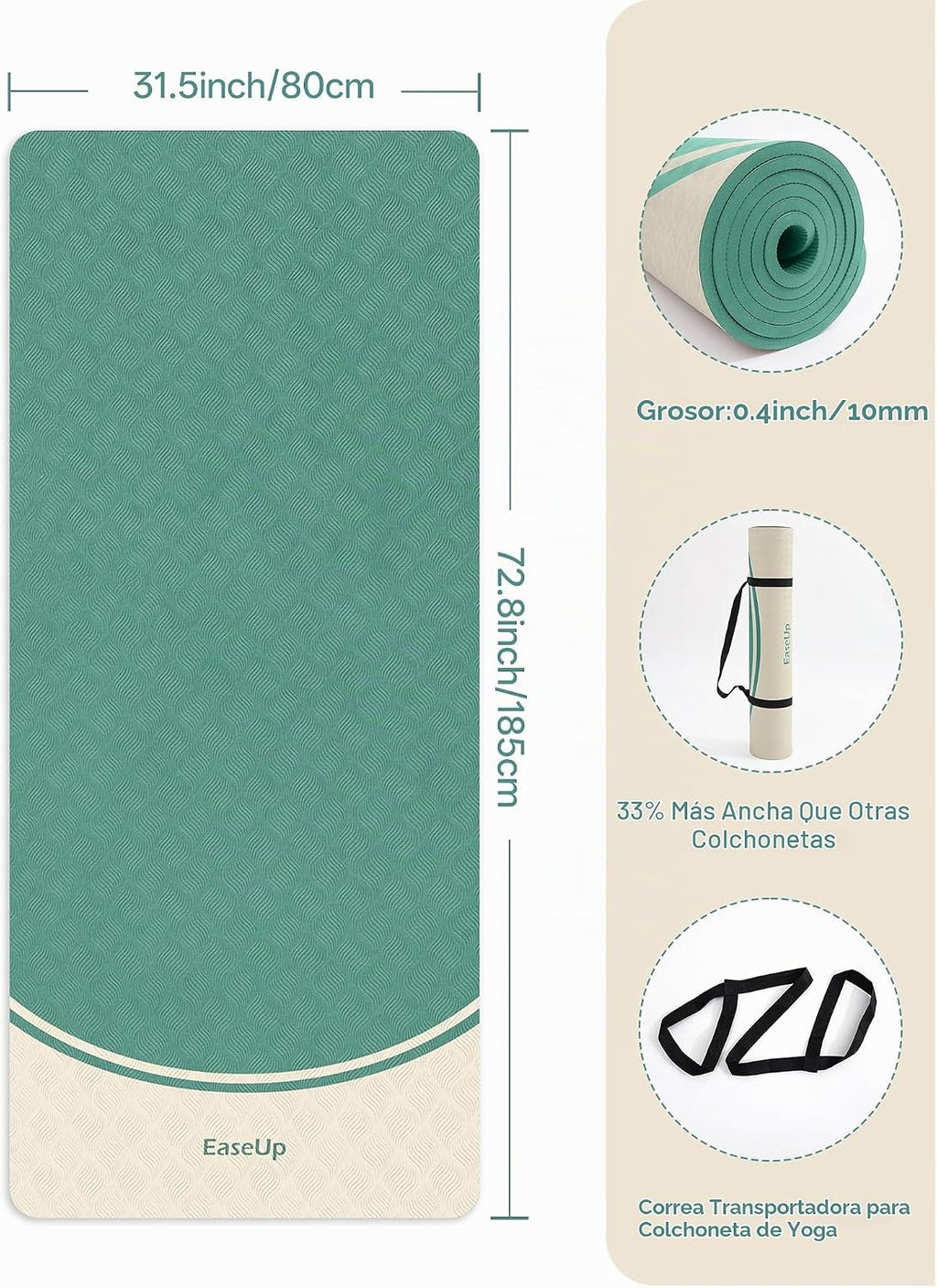EaseUp Tapete de yoga de 0.394 in de grosor, 73 x 31.5 pulgadas, extra