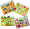B. toys Rompecabezas de Clavijas de Madera, Peek & Explore Paquete de 4, Vehículos, Granja, Paquete de 4