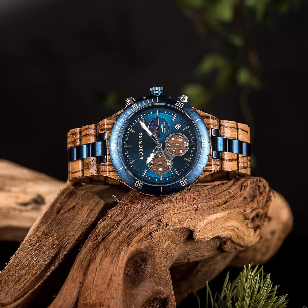 BOBO BIRD Reloj de madera de cuarzo para hombre, acero inoxidable, aleación de sándalo rojo, reloj de pulsera para hombre, función clásica, cronógrafo, manecillas luminosas, visualización de fecha de