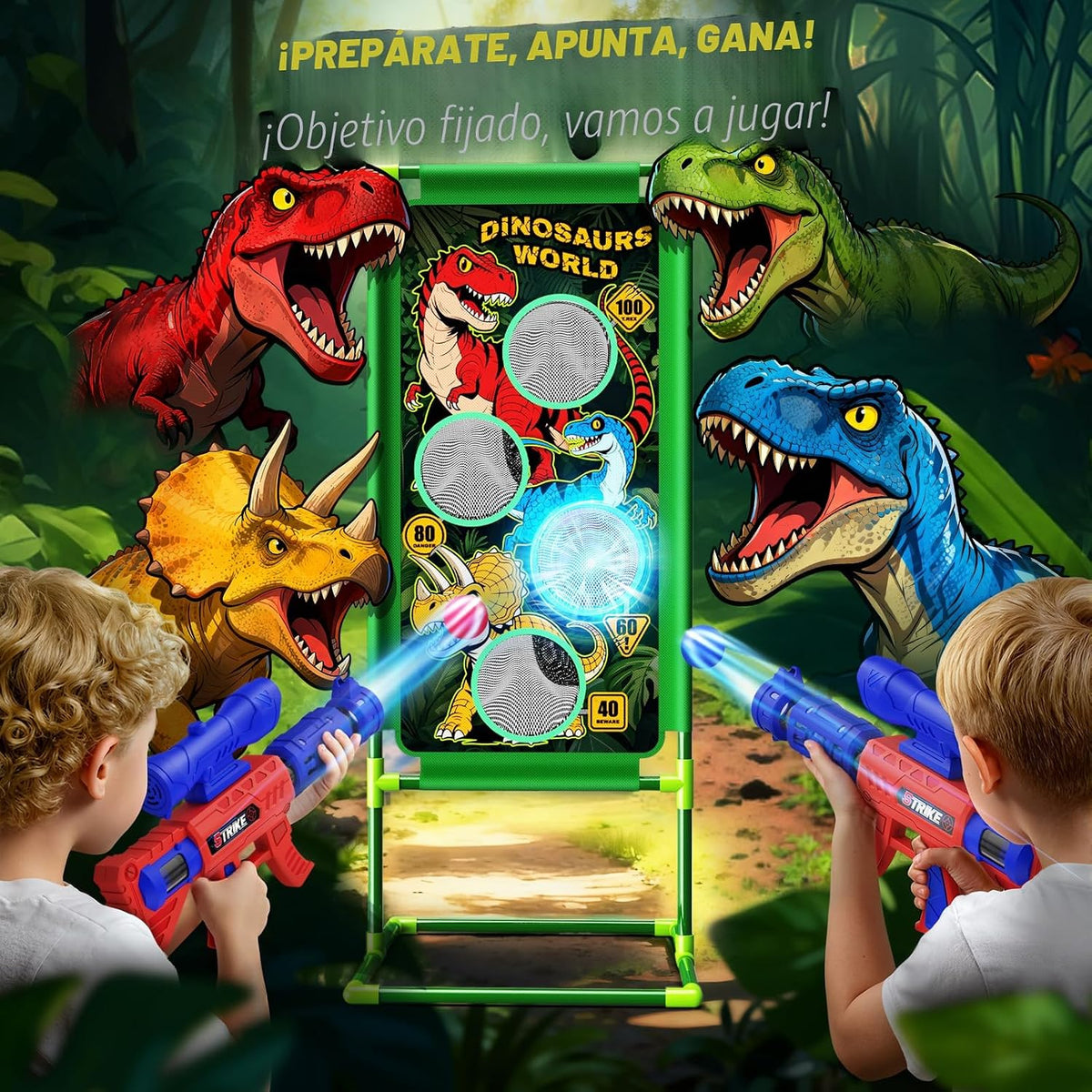 Juego de disparos con dinosaurios, 2 lanzadores de bomba de aire con diversión de apuntar, 3 temas de dinosaurios y 4 puntos de puntuación de objetivo, 24 bolas de espuma, juguete de regalo para niños
