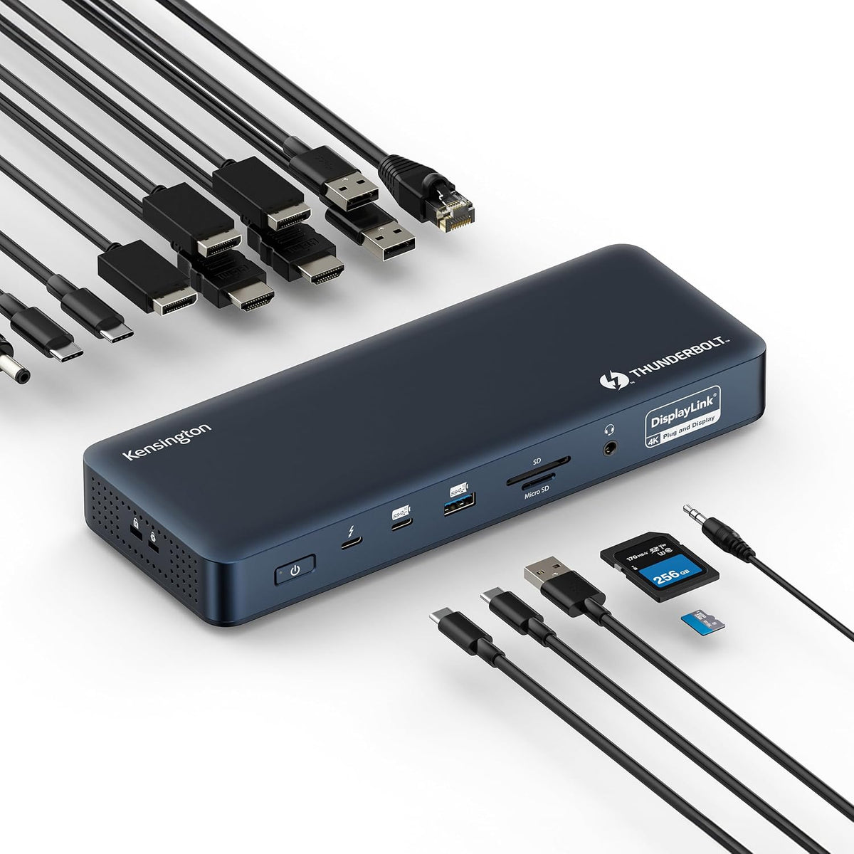 Kensington SD5900T - Estación de acoplamiento DisplayLink Thunderbolt 4, Quad 4K para MacBook Pro/Air M1/M2/M3/M4 con chipsets Pro y Max, 100 W PD, HDMI/DP/TB4, ranuras para tarjetas SD/Micro SD, azul