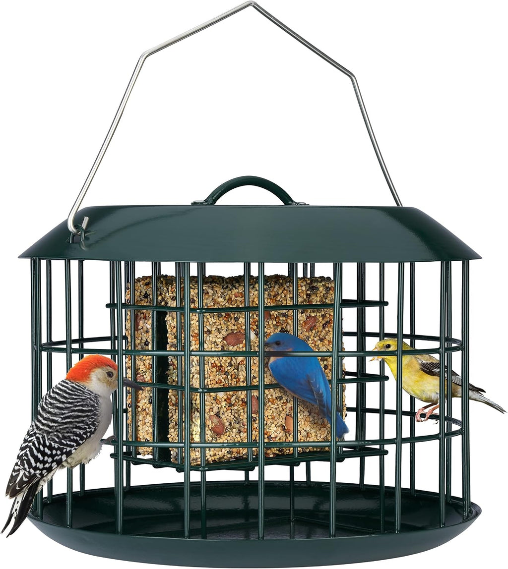 Kingsyard Comedero de sebo a prueba de ardillas, comedero para pájaros en jaula para colgar al aire libre, todo de metal, capacidad de doble sebo para pastel, bandeja y resistente a la intemperie, verde