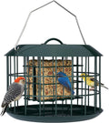 Kingsyard Comedero de sebo a prueba de ardillas, comedero para pájaros en jaula para colgar al aire libre, todo de metal, capacidad de doble sebo para pastel, bandeja y resistente a la intemperie, verde