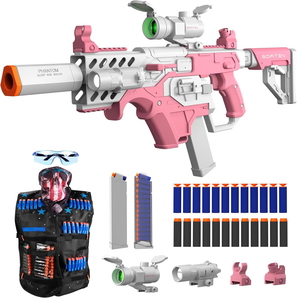 SOFITEN Pistola de juguete con rifle de francotirador automático con kit de chaleco táctico, juguete de alcance, juguetes de dardos de espuma con 120 dardos IR y linterna, juego de actividades al aire libre, regalo de cumpleaños y Navidad para niños a par