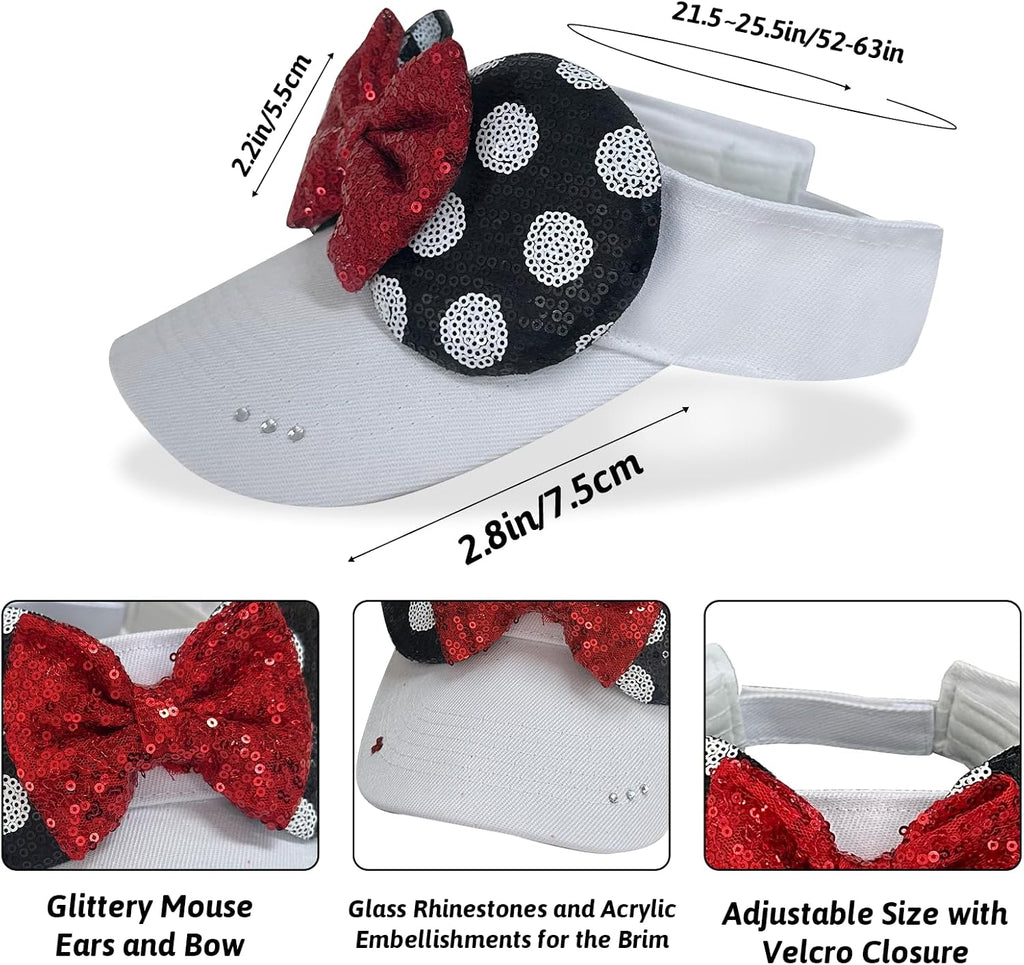 Sombrero brillante con visera de orejas de ratón para mujeres adultas, gorra ajustable con lazo de orejas de ratón de lentejuelas, lindo sombrero de visera con purpurina para parques temáticos y festivales, color blanco