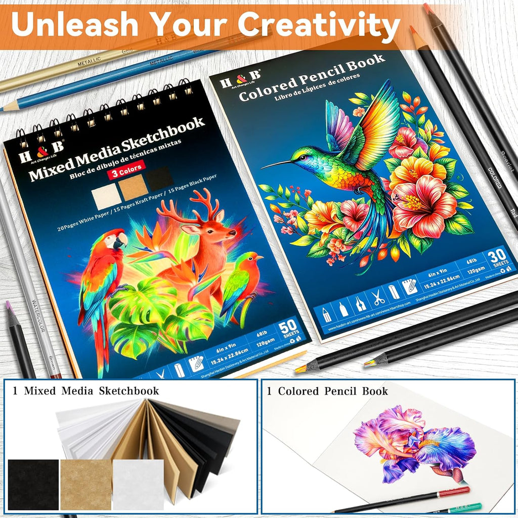 H & B Kit de boceto de 101 piezas para adultos con 3 libros y estuche con