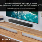 Barra de sonido Sony S100F de 2.0 canales con altavoz Bass Reflex, tweeter integrado y Bluetooth, (HTS100F), fácil instalación, compacta, para uso en oficina en casa con sonido claro, negro