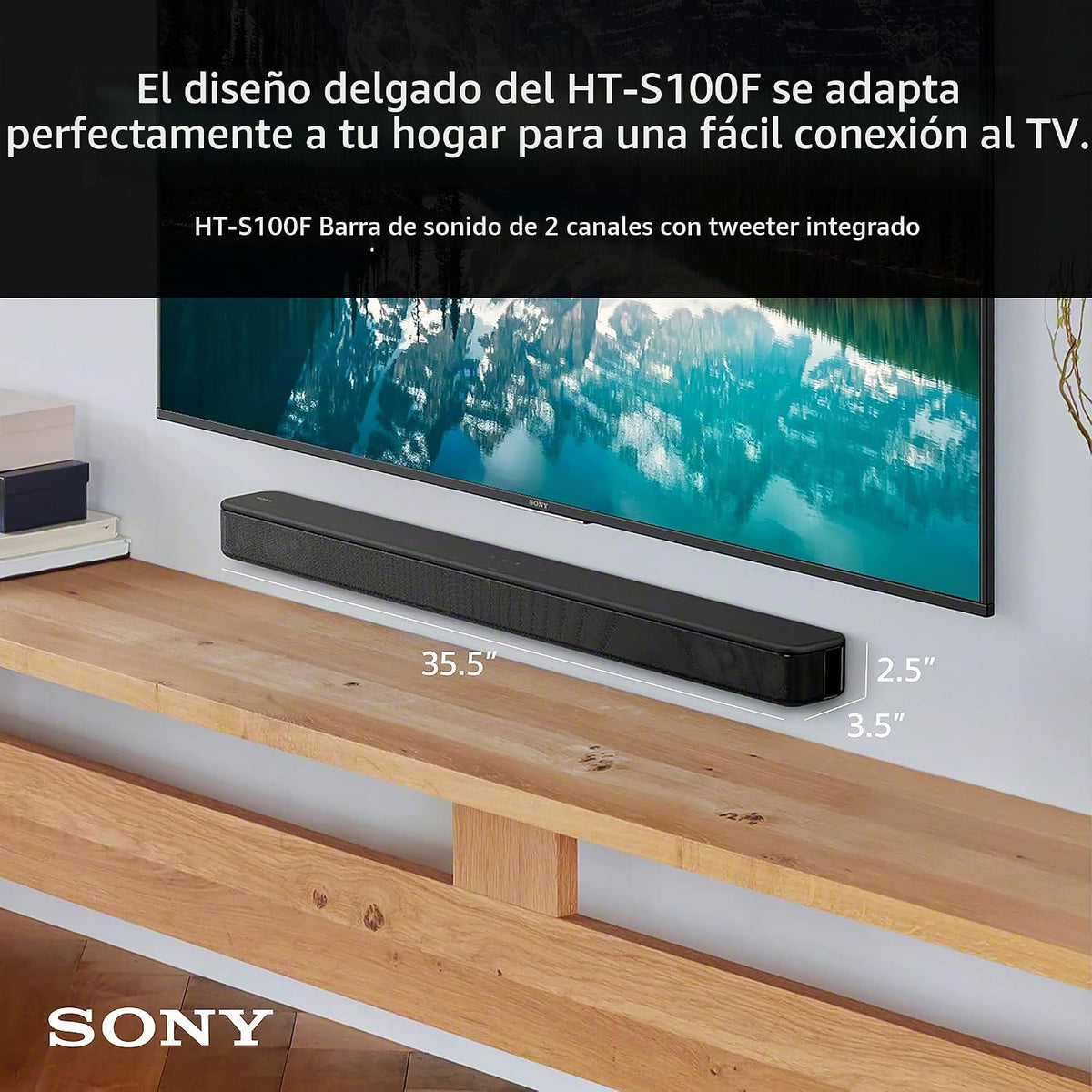 Barra de sonido Sony S100F de 2.0 canales con altavoz Bass Reflex, tweeter integrado y Bluetooth, (HTS100F), fácil instalación, compacta, para uso en oficina en casa con sonido claro, negro