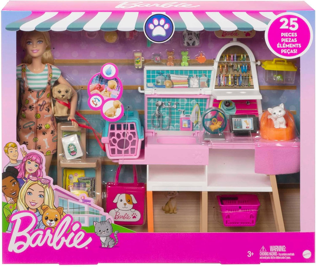 Barbie - Muñeca y set de juego de tienda de mascotas con 4