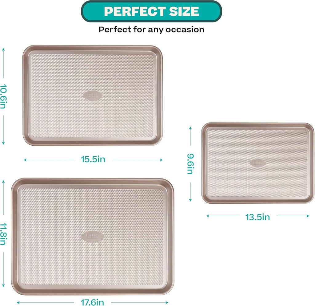 Juego de Bandejas para Hornear Baker's Secret, 3x Hojas para Galletas para Horno, Textura de Diamante Premium Flujo de Aire, Juego de 3 Bandejas para Hornear, Extra Gruesas de 0.6mm con Base de