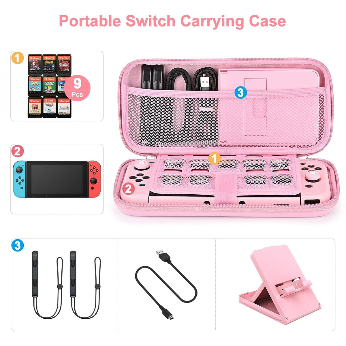 Younik Accesorios Bundle para Switch, Kit de 17 en 1 en Rosa para Niñas, Incluye estuche de transporte para Switch, soporte ajustable, estuche protector para consola Switch y J-Con Rosa