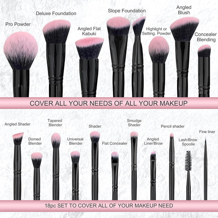 Bueart Design Juego de 18 brochas de maquillaje Pro Deluxe, color r...