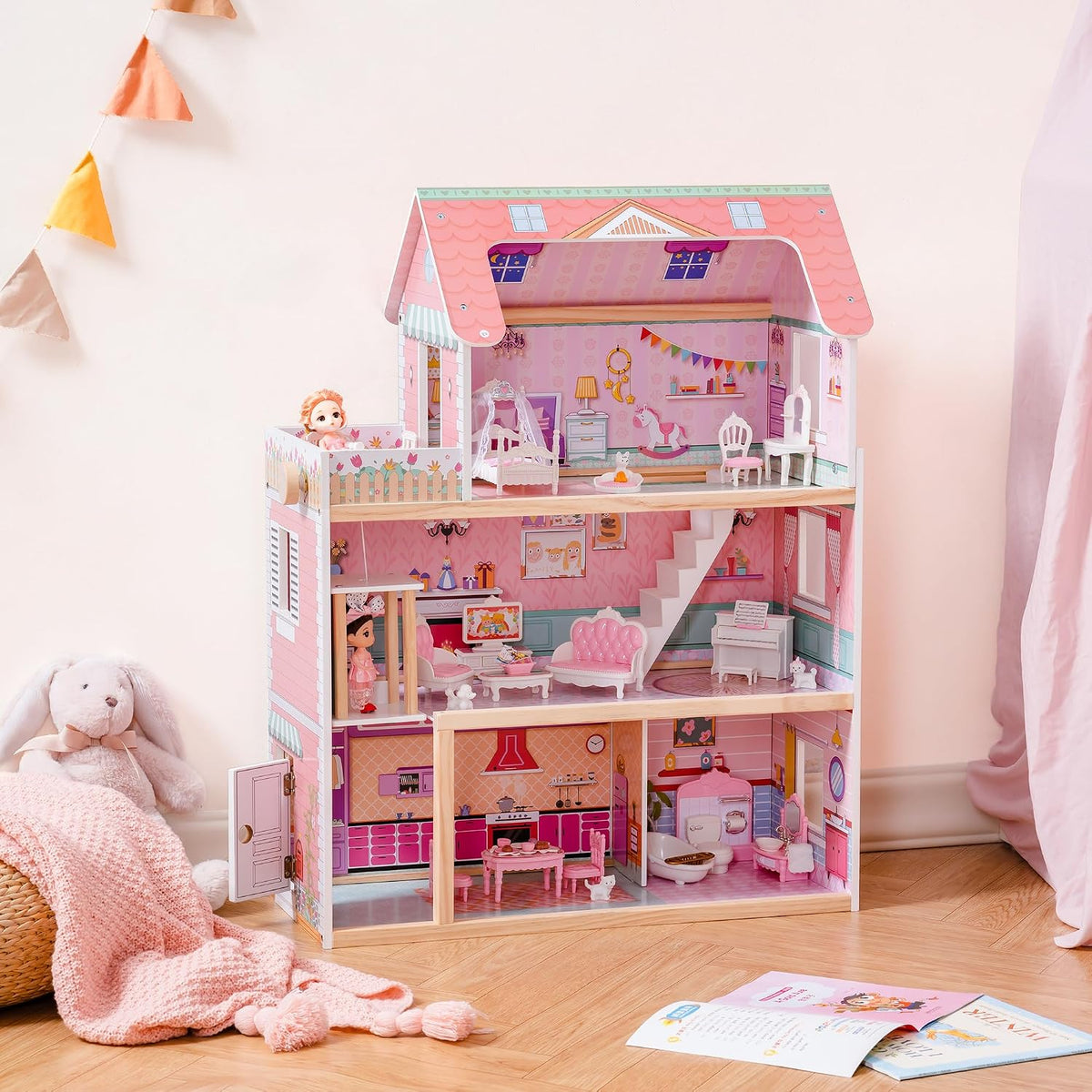 ROBOTIME Casa de muñecas de madera, juego de casas de muñecas con 24 muebles para muñecas de 4, 5, 6 pulgadas, regalo de casa de muñecas para niñas de más de 3 años (rosa)