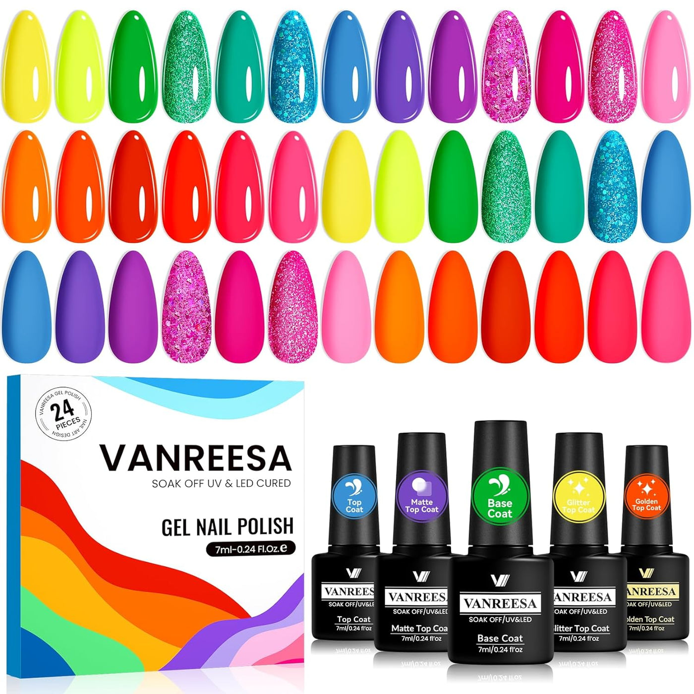 VANREESA Juego de 24 esmaltes de uñas de gel de neón, colores brill...