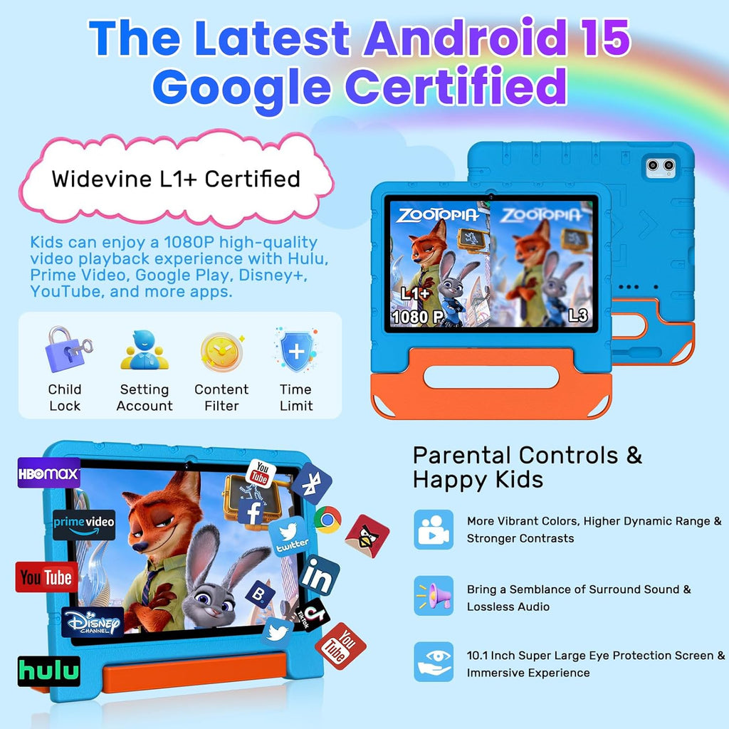 Tableta infantil 2025 con Android 15 de 10 pulgadas para niños Octa-Core, Azul