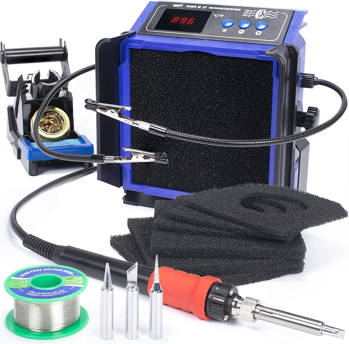 WEP 948DQ-III Extractor de humos de doble filtrado con estación de soldador de 110 W, absorbente de humo de soldadura 2 en 1, con control PID, ℉/℃, modo de suspensión, limpiador de puntas, 3 puntas de