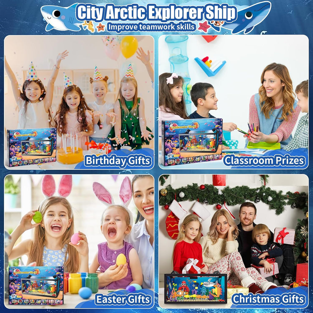 Juego de construcción de peceras 8 en 1, juguete de construcción de acuario marino con luz LED, paisaje en miniatura de animales, incluye cangrejo de pulpo, regalos de cumpleaños de Navidad para adultos, niños, niñas y niños de 6, 8, 10, 12 años en