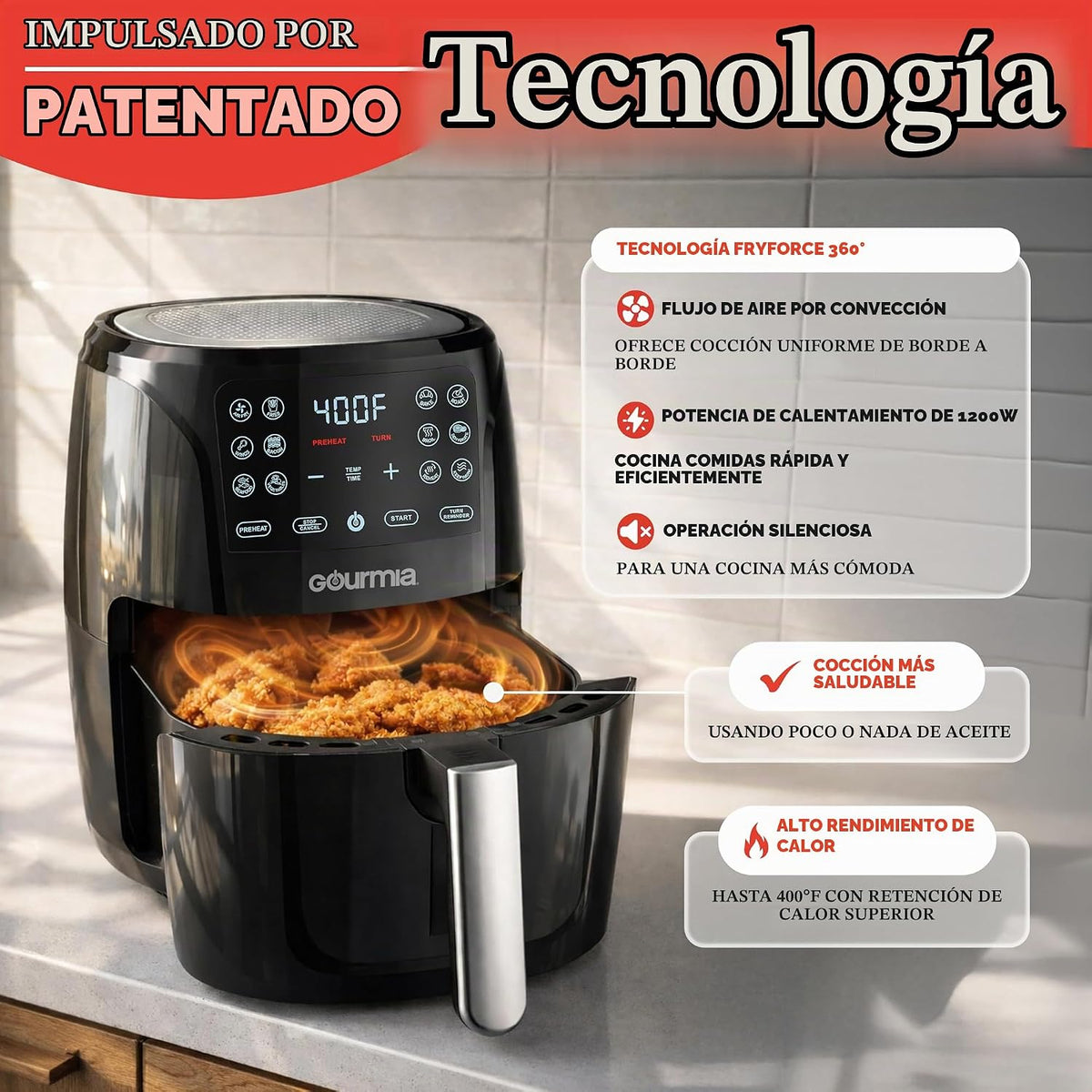 Gourmia Freidora de aire – Capacidad de cesta de 6 cuartos de galón
