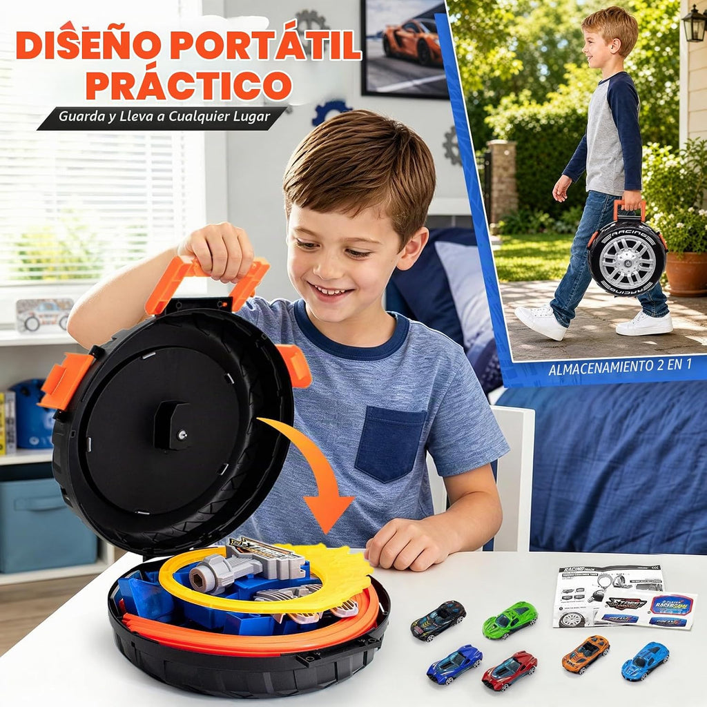 Race Tracks para Kids Ages 4-8, 2 en 1 Race Car Track Stunt Tire Shaped Case