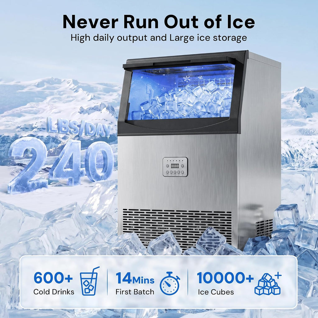 Uthfy Máquina de hielo comercial de 240 libras/24 horas, máquina de hielo debajo de la encimera, 96 cubos de hielo en 14 minutos, almacenamiento de 50 libras, filtro de agua y autolimpieza, máquina de