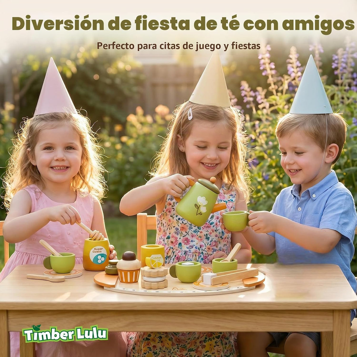 Wooden Tea Party Set para Kids 3-5 con Desserts Honey Dipper Girls Boys